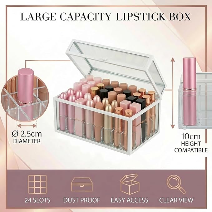40 Lipsticks Organizer with Lid, Glass Display Box Fits Large Perfume & Skincare, Easy-Access Organiser for Vanity Countertop, Multifunctional Display Box in Any Rooms