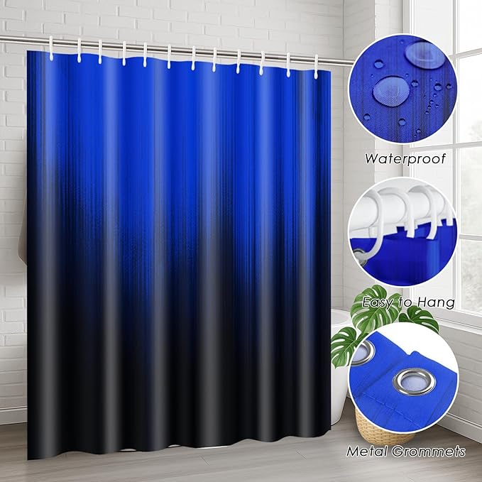 Blue and Black Ombre Shower Curtain Set with Toilet Lid Cover and Non-Slip Rugs for Bathroom, Gradient Modern Gothic Abstract 4 Pcs Shower Curtain, Bathroom Set with 12 Hooks