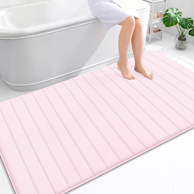 OLANLY Memory Foam Bath Mat 70x46, Super Soft Absorbent Bathroom Rugs, Quick Dry, Machine Washable Shower Floor Rugs, Bathmat Carpet, Bathroom Home Decor Accessories, Pink