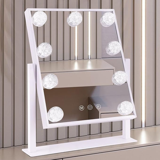 BWLLNI Vanity Mirror with Lights, Hollywood Lighted Makeup Mirror with 3 Color Modes and 9 Dimmable Diamond LED Light Bulbs, Detachable 10X Magnification, 360° Rotation, Touch Control, White