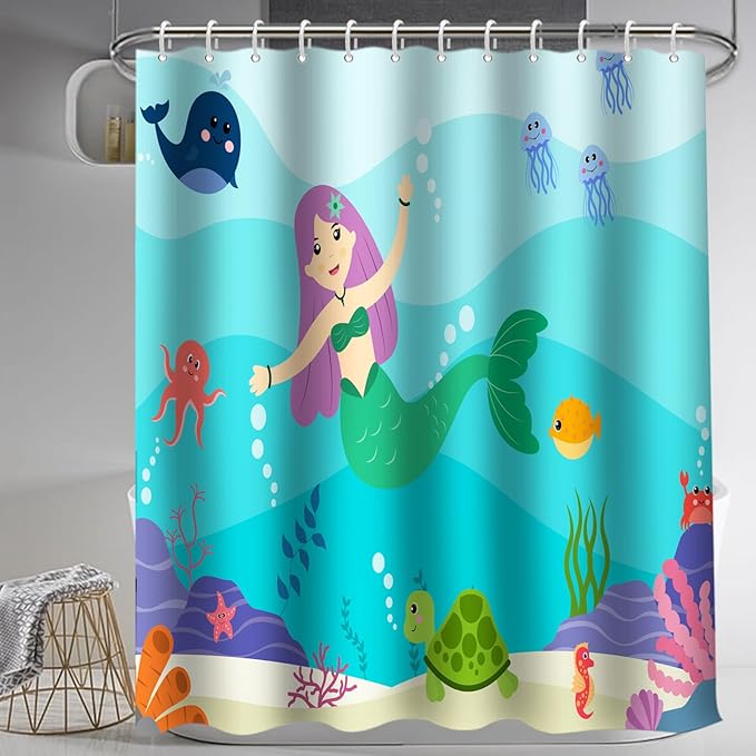 Lnond 4 Pcs Kids Bathroom Shower Curtain Set, Blue Mermaid Bathroom Sets for Kids Bathroom Decoration with Shower Curtain, Non Slip Bathroom Rugs, Toilet Lid Cover, U Toilet Mat and 12 Hooks