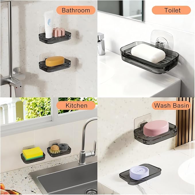 Soap Dish for Shower Transparent Gray Soap Holder with Self-Draining Design No Drilling Required Strong Fixation for RV Bathroom and Kitchen Easy to Clean and Space Saving（2 Pack）