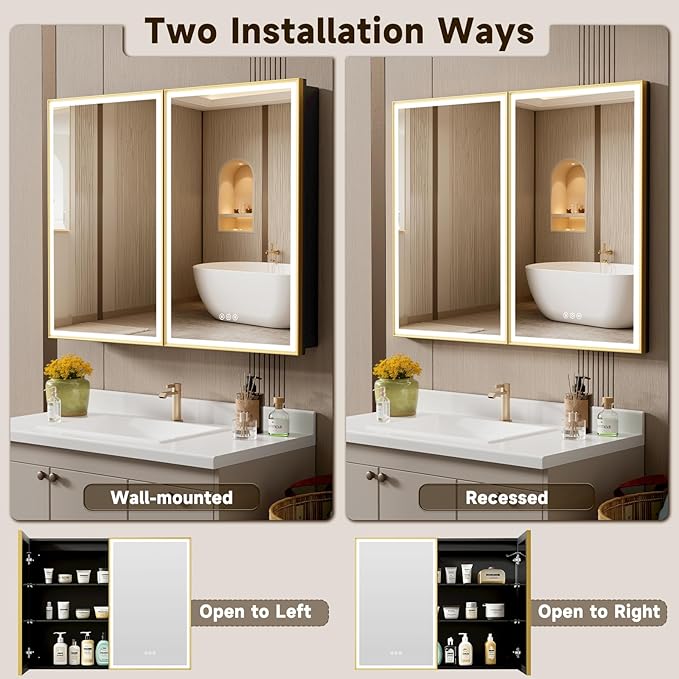 40X32 Inches Framed Medicine Cabinet with Lights, Bathroom Medicine Cabinet with 3-Color/Dimmable, Anti-Fog, Plug-in & Hardwired, Surface Mount & Recessed