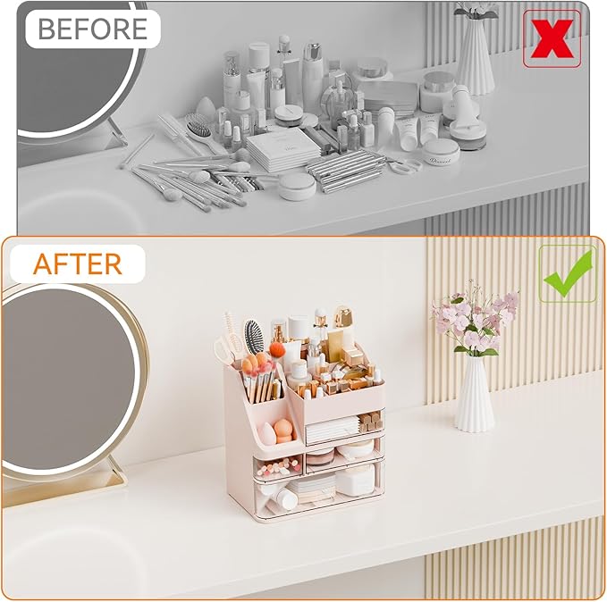 Yieach Countertop Makeup Organizers With Brush Holder,Big Skincare Organizers for Vanity,Dresser,Bathroom,Plastic Cosmetics Storage Organizer with 4 Drawers for Lotion,Beauty,Hair Product & Tool,Pink