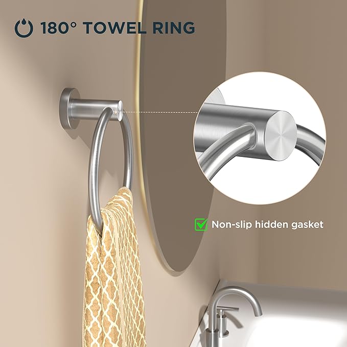 FORIOUS Towel Ring, SUS304 Stainless Steel Modern Hand Towel Holder Rack Hanger Round for Bathroom Wall Mounted, Ideal for Bath, Kitchen, RV, Brushed Nickel