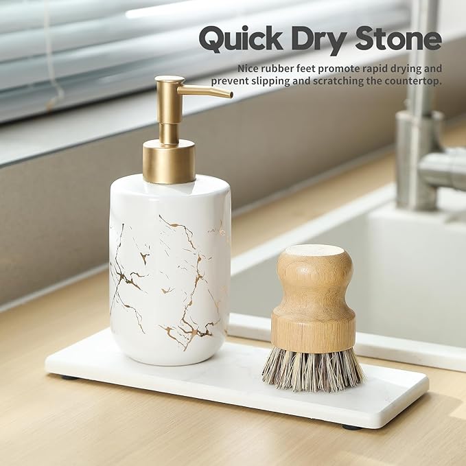 2PCS Water Absorbing Stone Drying Tray for Kitchen Counter, Diatomite Mat Vanity Caddy for Bathroom Sink, Faucet Splash Guard,Soap Dispenser Rack Sponge Holder Organizer, Marble White, 9"x3.5"
