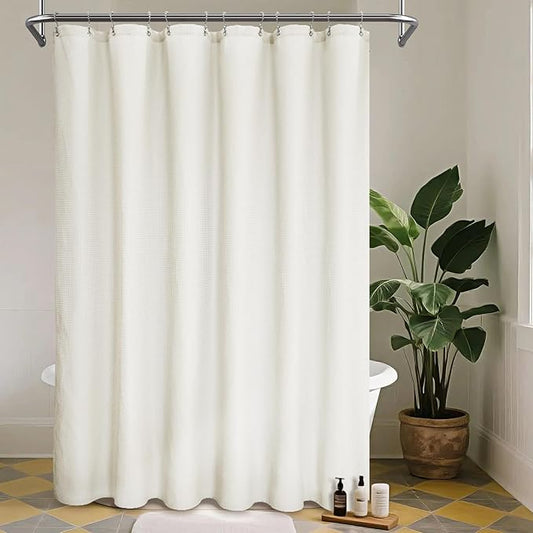 Barossa Design Waffle Weave Fabric Shower Curtain Heavyweight 230 GSM, Hotel Luxury, Water Repellent, Washable, Cream Diamond Pattern Pique for Decorative Bathroom Curtains