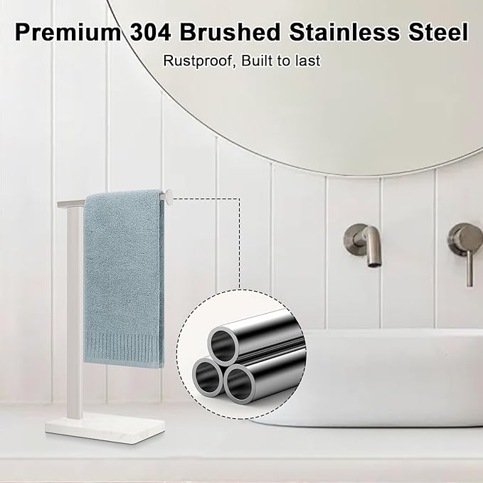 HarJue Hand Towel Holder Stand, 14.5" Hand Towel Rack with Weighted Marble Base, 304 Stainless Steel L-Shape Standing Towel Bar for Vanity Bathroom Kitchen Countertop (Brushed Nickel)