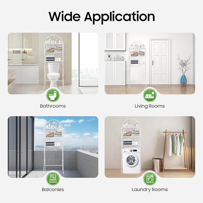 3-Tier Over The Toilet Storage Shelf, Freestanding Behind Toilet Bathroom Organizer Toilet Shelf Rack with Shelves for Toiletries Bathroom Laundry Restroom, White