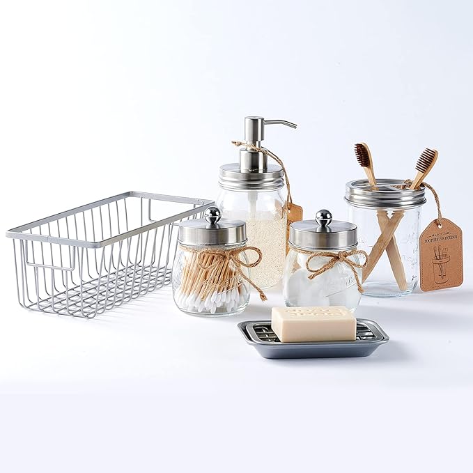 SheeChung 6Pcs Mason Jars Bathroom Accessories Set - Toothbrush Holder, Soap Dispenser, Qtip Holders, Soap Dish, Wire Paper Storage, Farmhouse Decor (Brushed Nickel, 6Pcs Bathroom Organizers Set)
