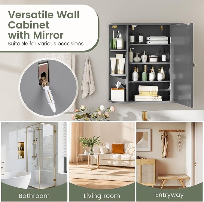 COSTWAY Medicine Cabinet with Mirror, Wall Mounted Bathroom Storage Cabinet with Mirror Door and Adjustable Shelves, Space-Saving Storage Organizer for Living Room Kitchen Entryway (Gray)