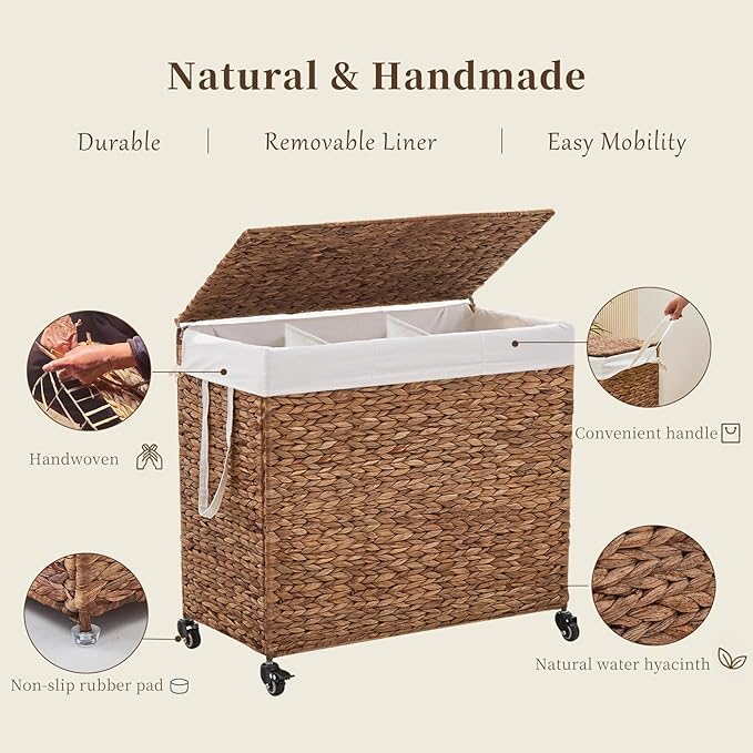 3-Section Laundry Hamper with Lid, Large Capacity Woven Natural Water Hyacinth Laundry Sorter with Removable Liners, Rolling or Non-Slip Design for Bedroom (Espresso, 155L)