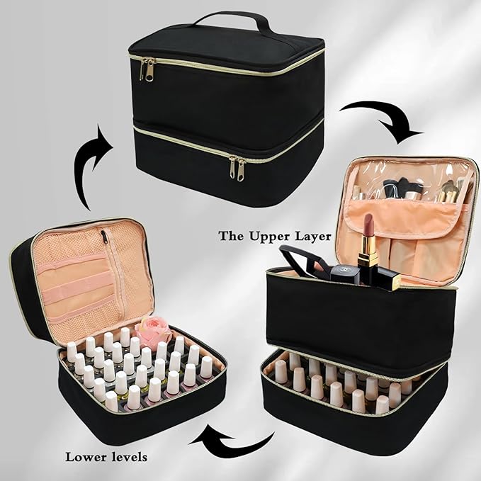Nail Polish Organizer Case Double-Layer Nail Supplies Organizer Bag Holds 30 Bottles & Nail Lamp, Professional Nail Kit Storage Carrying Case (Black)