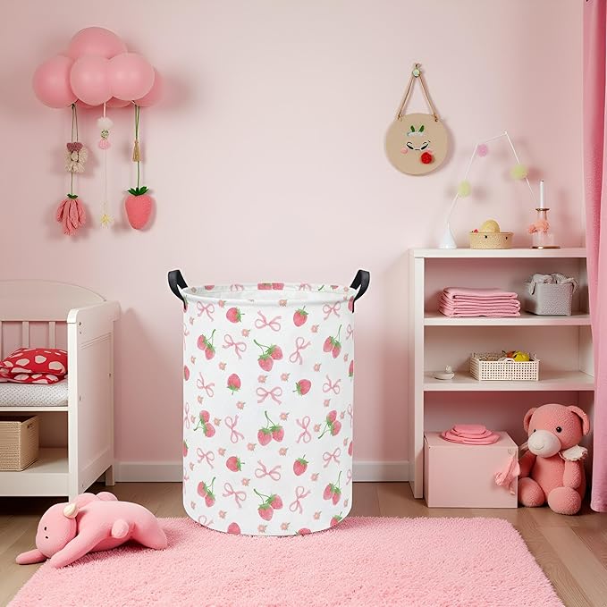 Baby Laundry Hamper kids laundry Basket Waterproof Storage Bin for Bedroom Toy Clothes Organizer Basket Woodland Animals Room D??cor(Bowknot Strawberry)