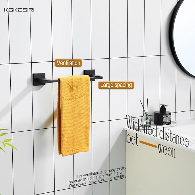 KOKOSIRI 16 Inch Bath Towel Bars Bathroom Towel Holder Towel Rail Kitchen Towel Hanger Necklace Holder Bathroom Accessories Stainless Steel Wall Mounted Matte Black B4006BK-L16