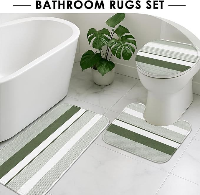 Sage Green Shower Curtain Set with Toilet Lid Cover and Non-Slip Rugs for Bathroom, Modern Striped Lines 4 Pcs Shower Curtain, Simple Abstract Bathroom Set with 12 Hooks