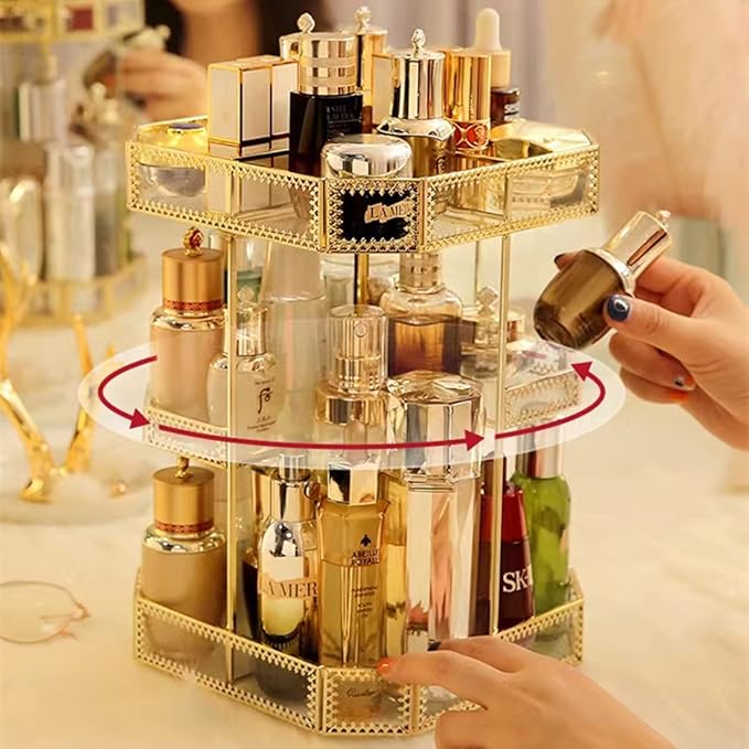 Yamfurvo 360 Degree Rotation Makeup Organizer Antique Countertop Cosmetic Storage Case, Glass Beauty Display, Gold Spin Large Capacity Holder for Brushes Lipsticks Skincare Toner