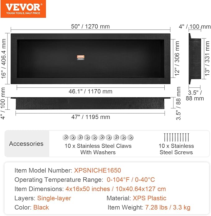 VEVOR Shower Niche Ready for Tile 16" x 50", Single Shelf Organizer, Square Corners Wall-inserted Niche Recessed, Sealed Protection Modern Soap Storage Niche for Shower Bathroom, Black