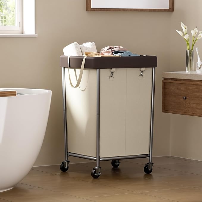 Chrislley 160L Laundry Hamper with Wheels, 2 Section Large Laundry Basket with Removable Bag, Steel Frame Dirty Clothes Hamper, Rolling Laundry Cart for Bedroom, Bathroom, Dorm, Hotel, Beige