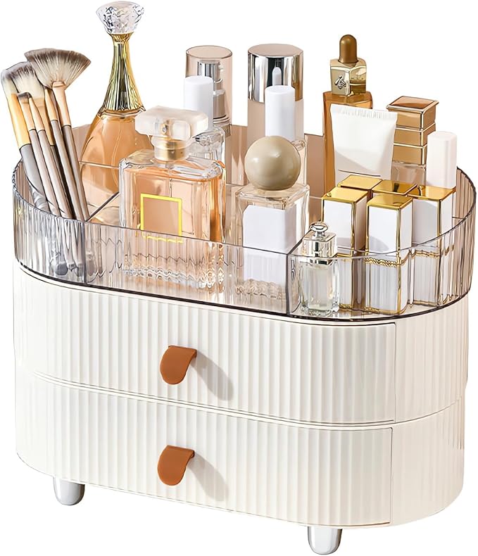 DASITON Makeup Organizer with Drawer,6 Slots Stackable Makeup Brush Holder,Skincare and Cosmetic Organizer for Bathroom Vanity Countertop Makeup Storage for Cosmetics,Brushes,Lipstick and Jewelry
