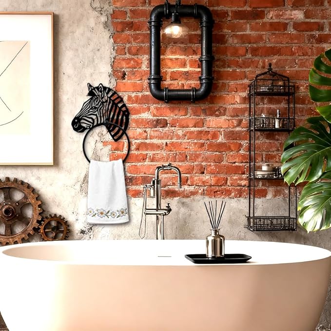 MAYJOYDIY Zebra Head Metal Towel Ring Round Grassland Zebra Hand Towel Holder Animals Ring Hanger Wall Mount Black Vintage Towels Wall Organizer for Kitchen Bath Home Laundry Room Decors Gifts
