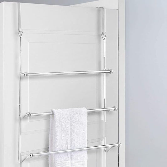 MyGift 3 Tier Over The Door Towel Rack for Bathroom, Over The Door Bath Towel Bar, Hand Towel Holder, Behind Shower Door Drying Rack for Laundry, Chrome-Plated
