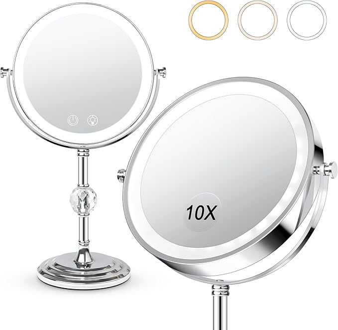 Lighted Makeup Mirror,4000mAh Rechargeable Double Sided Magnifying Mirror 1x/10x with 3 Colors Stepless Dimming, 360° Rotation Vanity Mirror with Lights, Memory Function,Women Gift