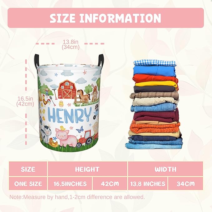 ZOE DAVISON Custom Farm Animals Laundry Baskets, Personalized Animal Pattern Gifts with Customized Name, Collapsible Laundry Hamper for Kids Adults Home Decoration,16.5 X 13.8in
