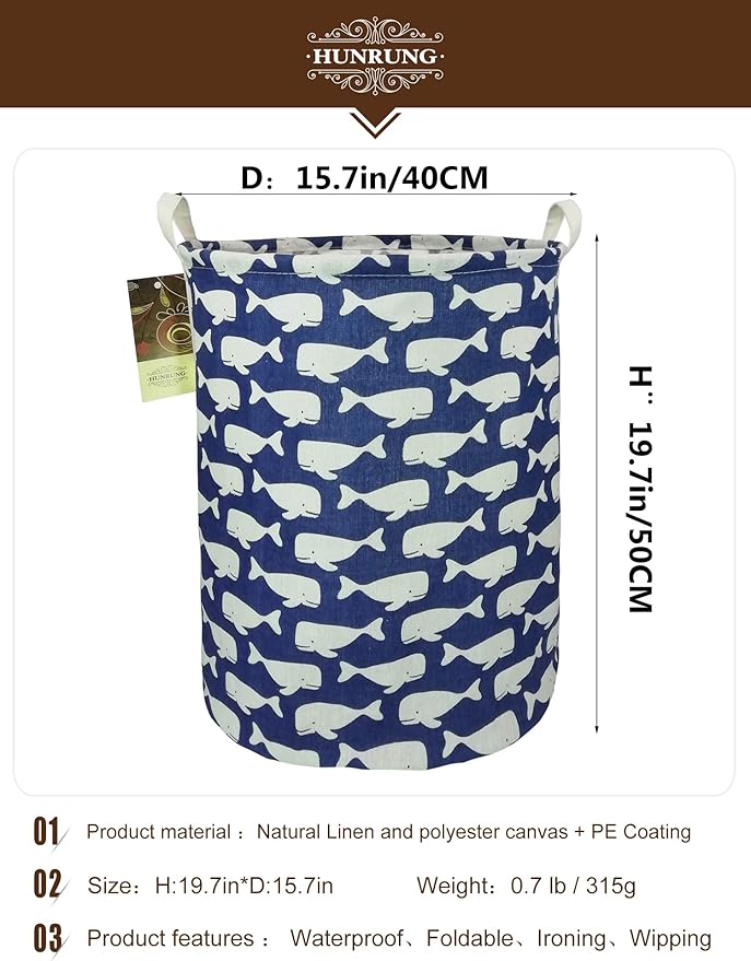 HUNRUNG Laundry Hamper,Large Canvas Fabric Lightweight Storage Basket Toy Organizer Dirty Clothes Collapsible Waterproof for College Dorms, Children Bedroom,Bathroom (Rould Blue Whale)