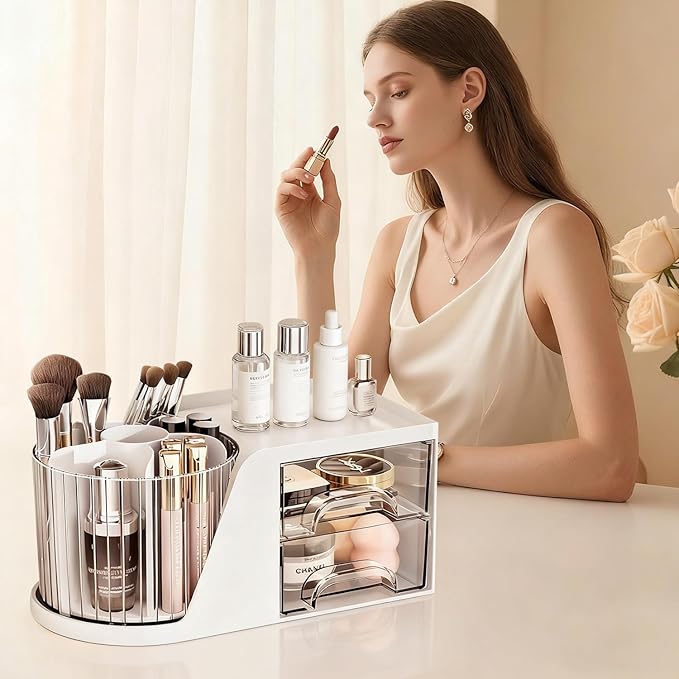 KHNR Makeup Organizer for Vanity, Vanity Organizer with 2 Drawers and Rotating Brush Holder, Bathroom Organizer Countertop, Cosmetic Organizer for,Lipsticks,Nail Polish (White)