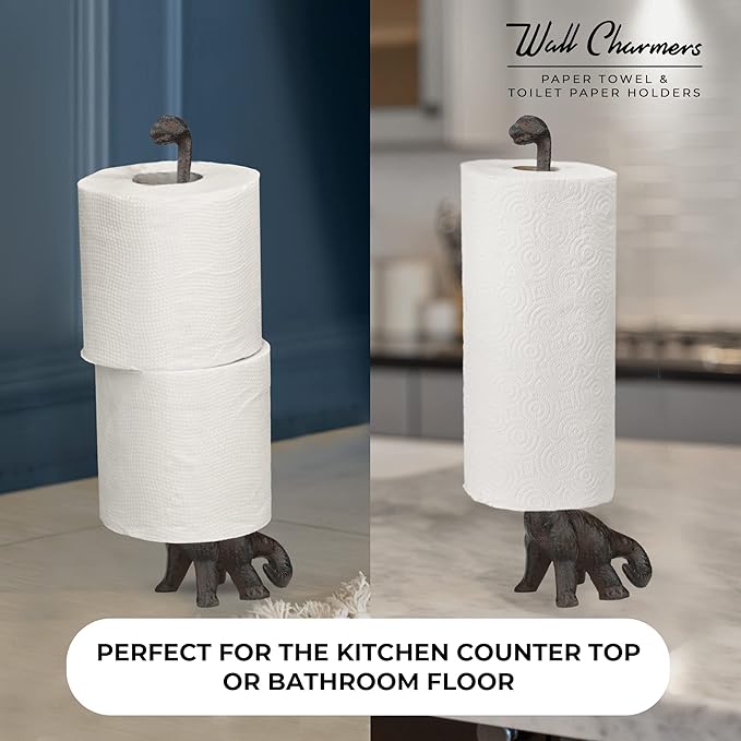 WallCharmers Rustic Paper Towel Holder, Metal Toilet or Kitchen Paper Holder for Floor or Countertop, Rustic Dino