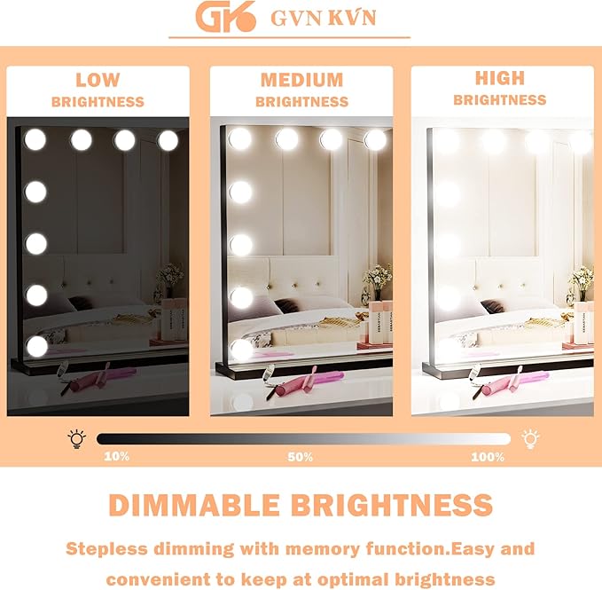 Gvnkvn Vanity Mirror with Lights, 15 Dimmable LED Bulbs Large Hollyhood Makeup Mirror, Light up Mirror with 10X Magnification and USB Charging Port, Smart Touch 3 Colors, Metal Frame