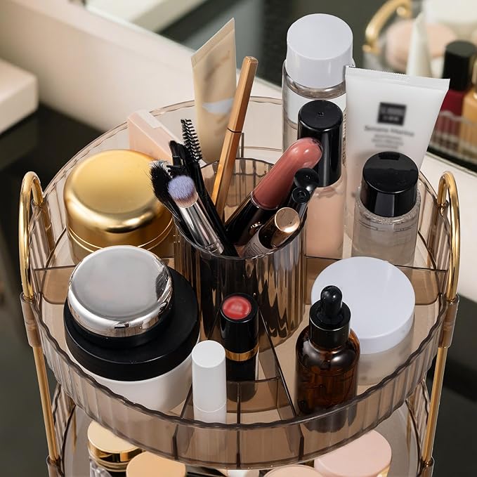 360 Rotating Makeup Organizer for Vanity,3 Tier Large Capacity Skincare Organizers,Bathroom Counter Organizer, transparent Spinning Perfume Organizer & Vanity Organizer (NEW-GOLD, 3 Tier)