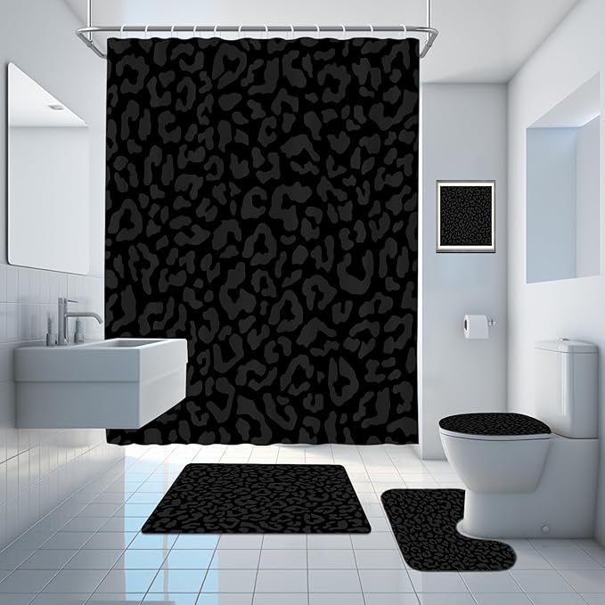 Onalasyc 4 Pcs Cheetah Shower Curtain,Black Leopard Animal Print Bathroom Sets,Cheetah Bathroom Decor Set with Shower Curtain and Rugs,Bathroom Sets Complete,Set de baño,with 12 Pcs Hook