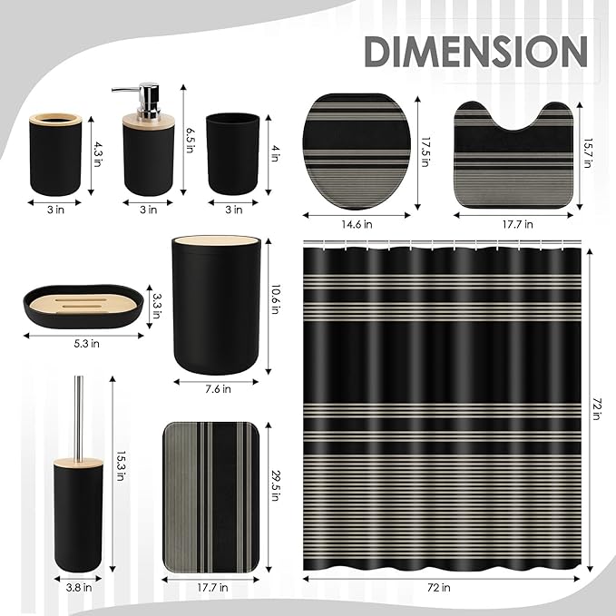 Black Bathroom Decor and Accessories Set, Striped Shower Curtain and Rug Set with Trash Can, Soap Dispenser, Soap Dish, Toothbrush Holder, Toothbrush Cup, Toilet Brush