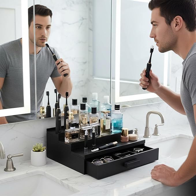 Cologne Organizer for Men,Wood Nightstand Organizer with Drawer and Hidden Compartments, Cologne Stand,Dresser Drawer Organizers,Organizador de Perfumes,Perfume Stand Organizer for Bedroom,Black