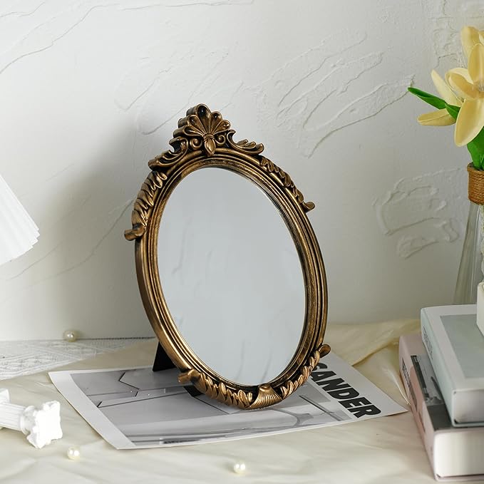 Vintage Gold Plastic Oval Makeup Mirror (Bronze, 11 * 7inches)