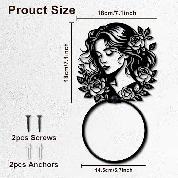 MAYJOYDIY Woman and Flowers Metal Towel Ring, Branch Leaves Black Hand Towel Holder, Romantic Rose Lady Hanging Ring Wall Mounted Bathroom Accessories for Bathroom Kitchen Home Decoration Gift