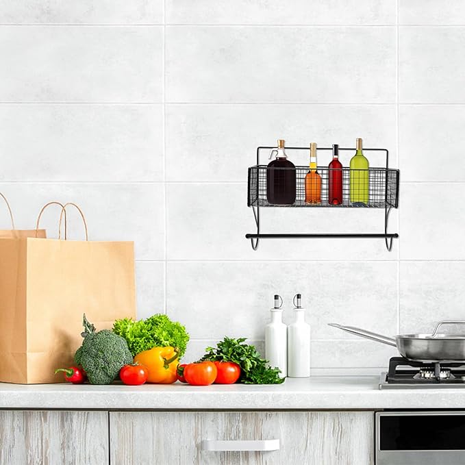 VICASKY Bathroom Hanging Rack Wall-Mounted Iron Storage Shelf with Rod, Punch-Free Bathroom Shelving Organizer for Toiletries and Kitchen Storage