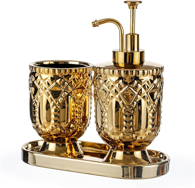 Gold Bathroom Accessories, 3pcs Ceramic Bathroom Set with Toothbrush Holder,Soap Dispenser, Bathroom Tray, Complete Bathroom Decor and Acessories Set