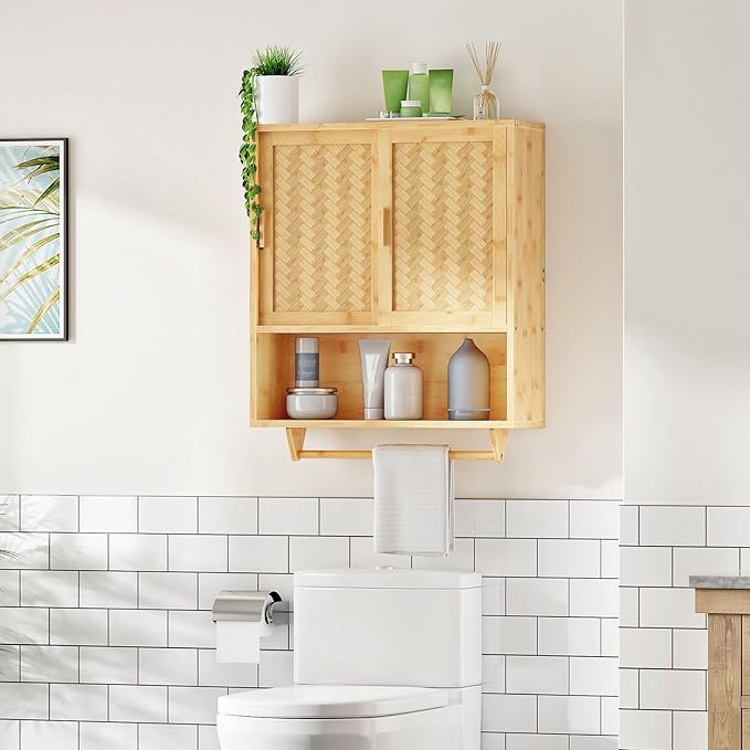 HOOBRO Bathroom Cabinet Wall Mounted, Bamboo Over Toilet Cabinet, Medicine Cabinet with Towels Bar & Adjustable Shelves, 23.6 x 7.9 x 28.5 Inches, for Bathroom, Laundry, Kitchen, Natural YL63CW01