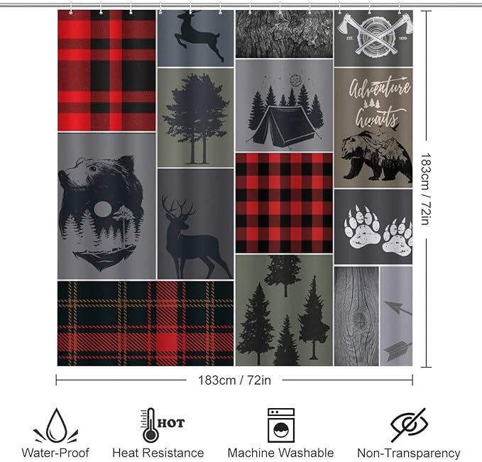 Cabin Rustic Bear Deer Shower Curtain Sets with Rugs 4 Piece Accessories Bathroom Curtains Shower Set Include Shower Curtain Non-Slip Rug Toilet Lid Cover Bath Mat One Size