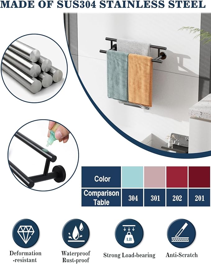 Alise Double Towel Bar Black,16" Towel Racks for Bathroom Wall Mounted,Bathroom Towel Rack SUS304 Stainless Steel Bathroom Towel Holder Quick Drying Hand Towel Holder Towel Bar for Walls