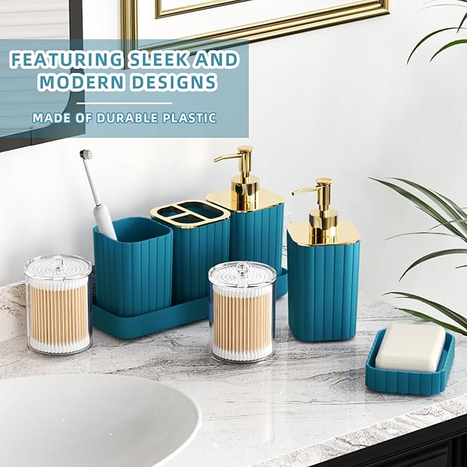 XLHOMO Bathroom Accessories Set - Gorgeous Bathroom Set, 10PC Teal Bathroom Accessory Set, Toilet Brush, Trash Can, Qtip Holder Dispenser & Soap Dispenser