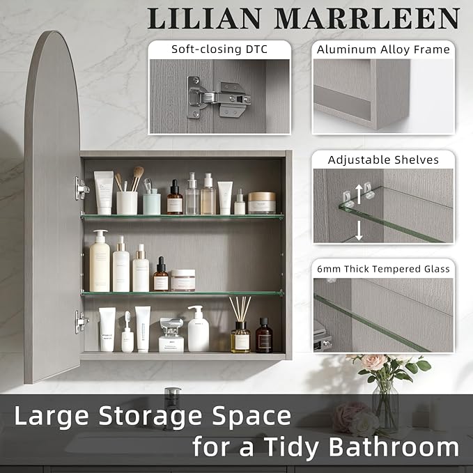 Full Aluminum Wood Grain Medicine Cabinet, Waterproof Rustproof Bathroom Vanity Storage with Adjustable Shelves, Natural Oak (Gray, 24x36)