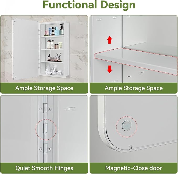 17 x 27 White Bathroom Medicine Cabinet with Mirror Metal Frame Recessed Or Wall Mounted Single Door Storage Medicine Cabinets with Adjustable Shelves Rounded Corner