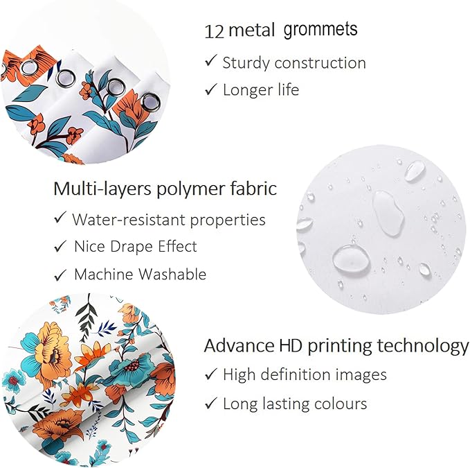 HMS Happy Memories Bohemian Plant Boho Floral Print Shower Curtain, Polyester Fabric Cloth for Bathroom Decor 72×72 Inch Standard Size with 12 Hooks, Also as Room Divider (Blue Red Flower)