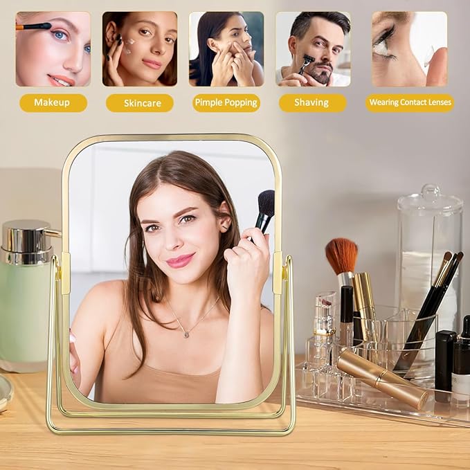 Mipcase Double-Sided Makeup Mirror with Stand: 360 Degree Swivel Tabletop Vanity Mirror with 1X / 2X Magnification for Dressing Table Bedroom Bathroom, 7.86X6.09X1.18in