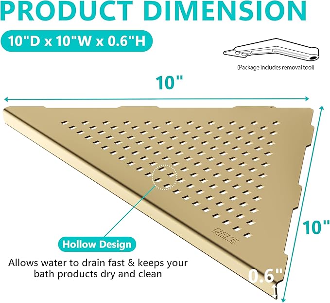 Qeke Corner Shower Shelves, 10” Recessed Tile Shower Shelf Brushed Golden, 304 Stainless Steel Grout in Corner Tile Shower Shelves, No Drilling, 2 Pack
