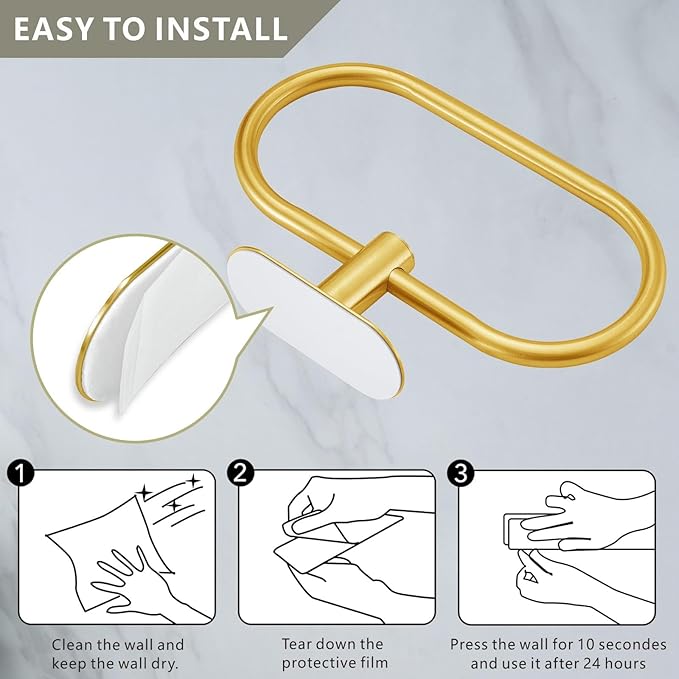 Towel Bar/Bath Towel Ring, Self Adhesive Hand Towel Ring for Bathroom, Stainless Steel Sticky Hand Towel Holder, No Drilling Modern Round Towel Hanger Wall Mounted (2 Pack, Gold)